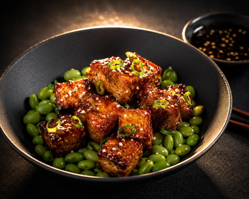 Tofu crujiente teriyaki con edamame